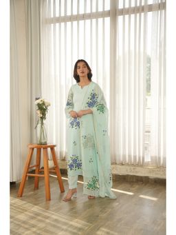 ONEWE INDIA - Mint Green Blossom Hand Painted Organza Kurta with Pant and Dupatta