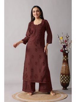 Colorkosh - Chocolate Brown Rayon Chikankari Embroidered Stylish Kurta with Palazzo