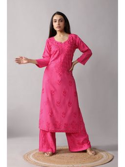 Colorkosh - Mauve Pink Rayon Chikankari Embroidered Stylish Kurta with Palazzo