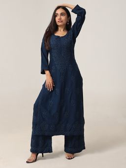 Colorkosh - Navy Blue Rayon Chikankari Embroidered Stylish Kurta with Palazzo