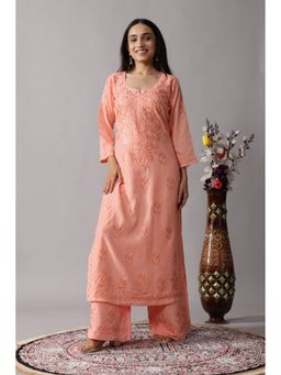 Colorkosh - Rose Beige Rayon Chikankari Embroidered Stylish Kurta with Palazzo