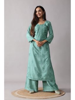 Colorkosh - Sage Green Rayon Chikankari Embroidered Stylish Kurta with Palazzo