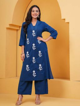 M MARCH LABEL - Navy Blue Floral Embroidery Kurta and Palazzo