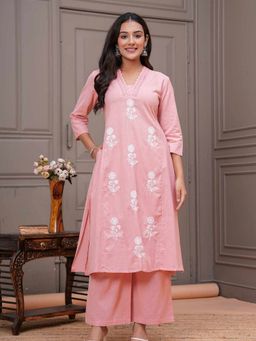 M MARCH LABEL - Salmon Pink Floral Embroidery Kurta and Palazzo