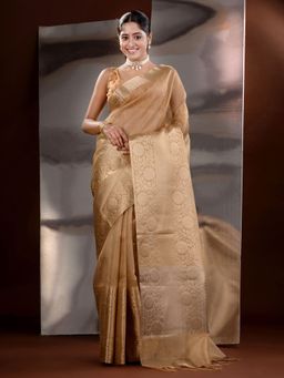 CHARUKRITI - Beige Tissue Checkered Zari Handwoven Saree with Unstitched Blouse