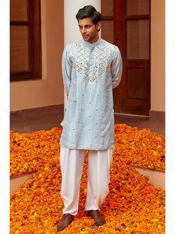 Twenty Nine - Men Blue Dupion Silk Kurta with Dhoti