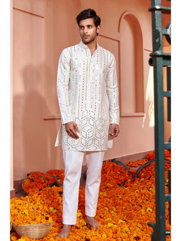 Twenty Nine - Men White Hexagonal Kurta with Pant