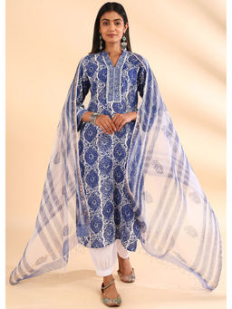 TAHILIYA - Blue Kota Doria Floral Print Dupatta