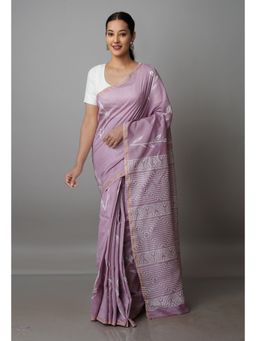 Unnati Silks - Pale Pink Pure Block Printed Chanderi Sico Saree with Unstitched Blouse