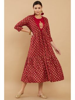 Soch - Women Maroon Cotton Embroidery Dress with Jacket (Set of 2)