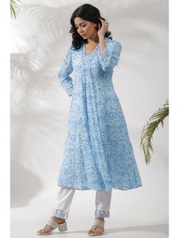 W - Women White Floral Print Cotton Kurta and Straight Pant (Set of 2)