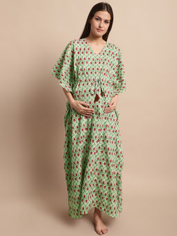 Secret Wish - Womens Green and Red Paisley Maternity Kaftan Nighty