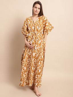 Secret Wish - Womens Mustard Floral Maternity Kaftan Nighty