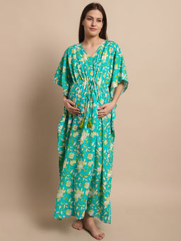 Secret Wish - Womens Sky Blue Floral Maternity Kaftan Nighty