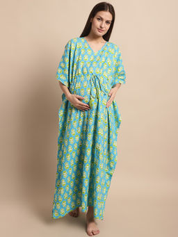 Secret Wish - Womens Sky Blue & Green Floral Maternity Kaftan Nighty