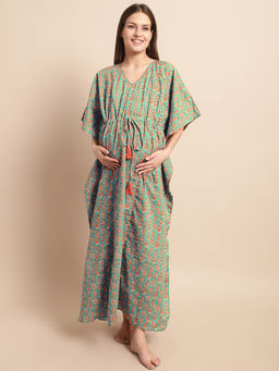 Secret Wish - Womens Green & Orange Floral Maternity Kaftan Nighty