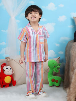 Polka Tots - Multi-Color Stripes Cotton Regular Shirt and Pyjama