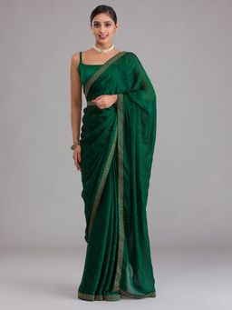 Koskii - Bottle Green Swarovski Semi Crepe Saree with Unstitched Blouse