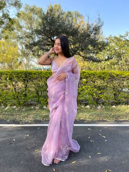 Odette - Lavender Organza Embroidered Saree with Unstitched Blouse