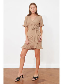 Trendyol - Camel Wrap Button Down Frill Sleeve And Hem Mini Dress With Belt