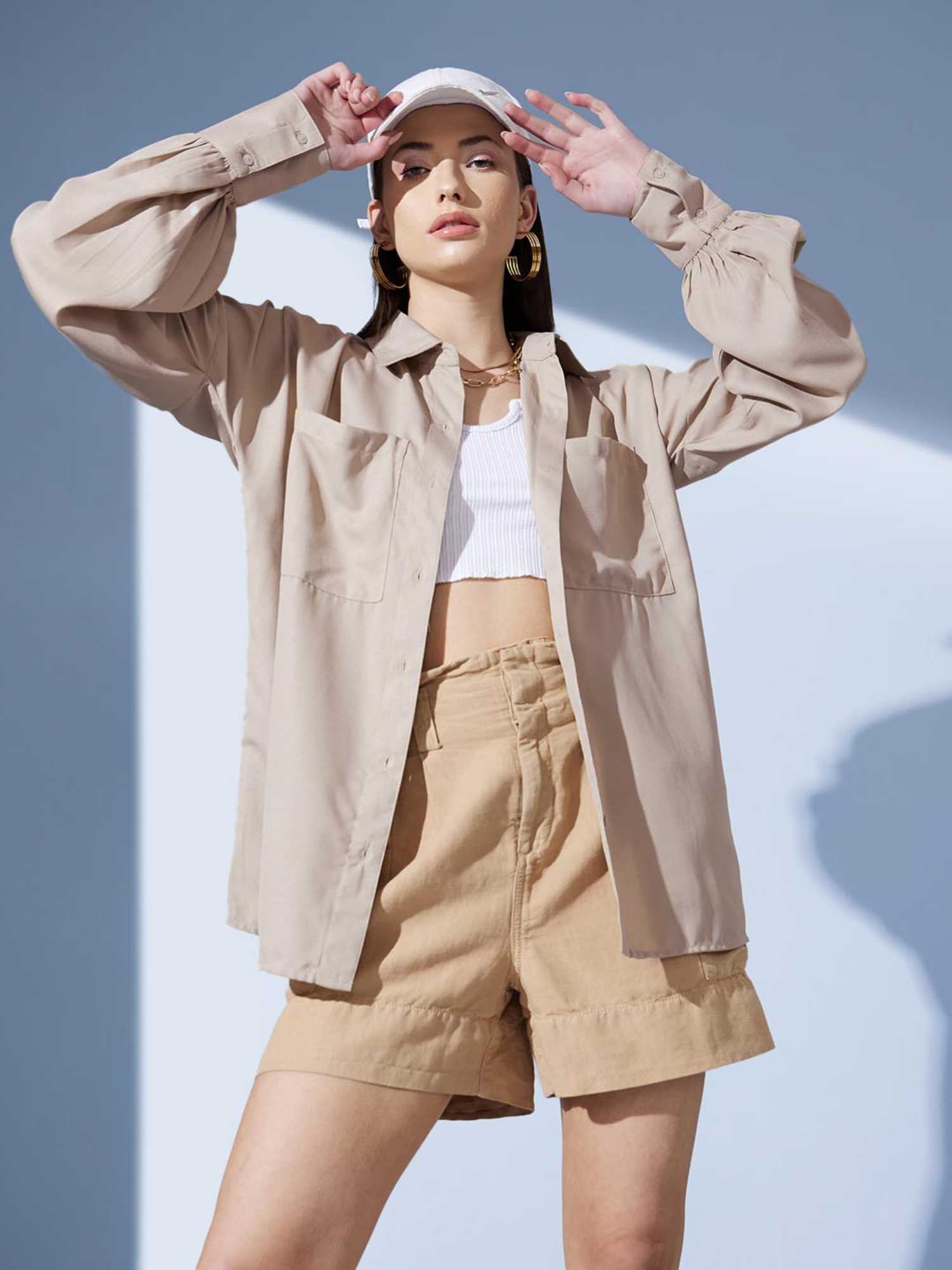 street 9 Beige Solid Oversized Shirt-picture-32