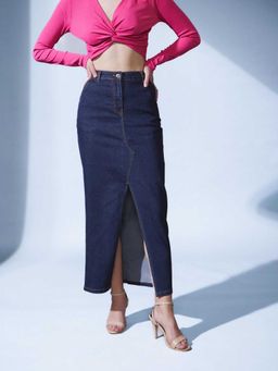 STREET 9 - Navy Blue Denim Front-Slit Midi Skirt
