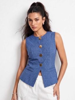 Outzidr - Blue Stylized Botton Printed Vest