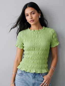 Outzidr - Green Smocked Fitted Crop Top