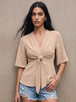 Outzidr - Peach Short Sleeve Front Twisted Top