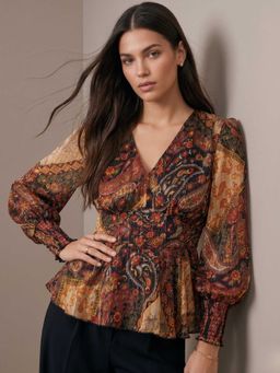 Outzidr - Brown Long Balloon Sleeves Peplum Top