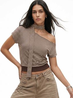 Outzidr - Brown One Shoulder Striped Neck Wrap Top