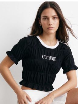 Outzidr - Black Contrast Neck Smocked Crop Top