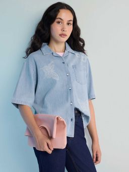 DILLINGER - Embroidery Boxy Regular Cuban Collar Neck Denim Shirt
