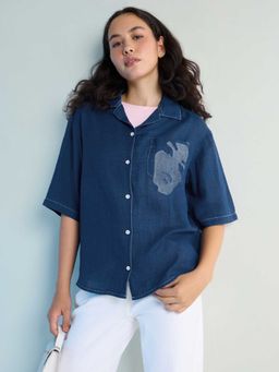 DILLINGER - Laser Printed Boxy Regular Cuban Collar Neck Denim Shirt