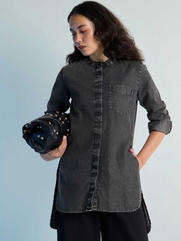 DILLINGER - Grey Solid Bleached Mandarin Collar Denim Shirt