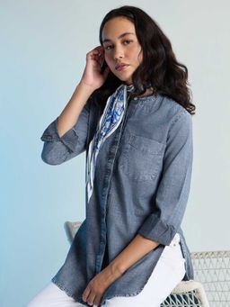 DILLINGER - Blue Solid Bleached Mandarin Collar Denim Shirt