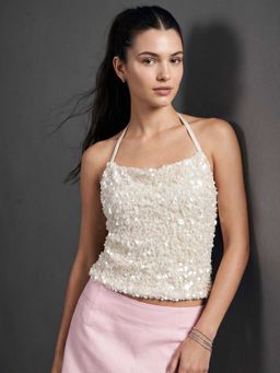 Outzidr - Cream Sequined Halter Neck Crop Top