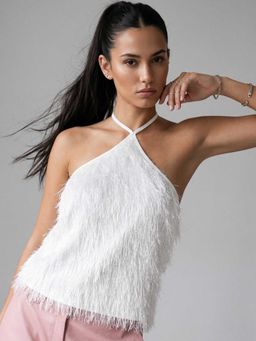 Outzidr - White Halter Neck Furry Top
