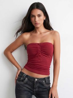 Outzidr - Maroon Off Shoulder Fitted Crop Top