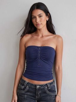 Outzidr - Navy Blue Fitted Tube Crop Top