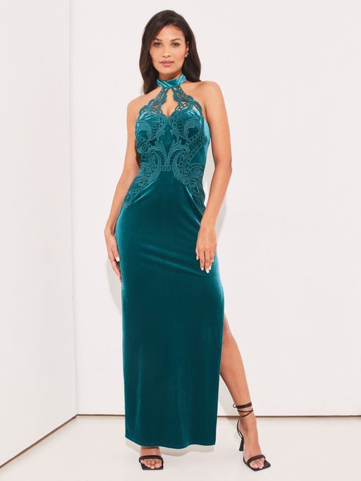 lipsy green maxi dress Womens Lipsy Green Floral Print Stripe Fringe Scarf Halter Maxi Dress US 10