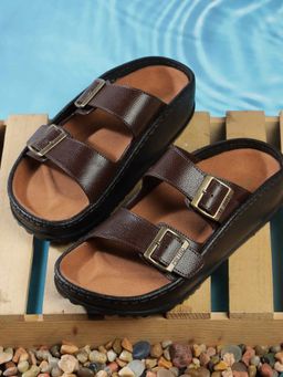 Metro - Men Brown Double Strap Adjustable Leather Sandals