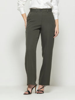 SHAYE - Olive Green Solid Wide Leg Casual Trousers For Women