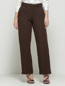 SHAYE - Brown Solid Wide Leg Casual Trousers For Women