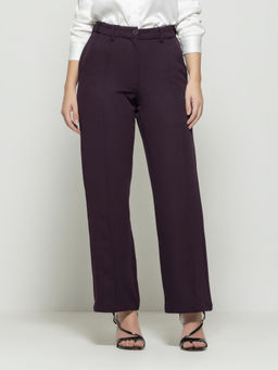 SHAYE - Mauve Solid Wide Leg Casual Trousers For Women