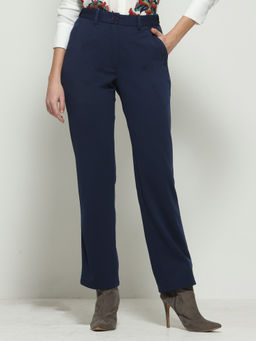 SHAYE - Navy Blue Solid Narrow Leg Casual Trousers For Women