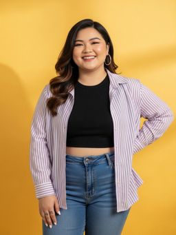 Buynewtrend - Women Purple Striped Cotton Oversized Plus Size Button-Down Shirt