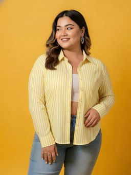 Buynewtrend - Women Yellow Striped Cotton Oversized Plus Size Button-Down Shirt