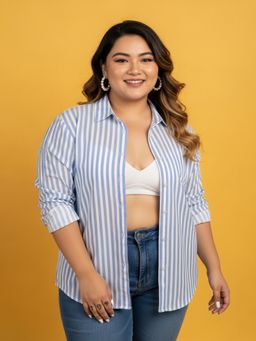 Buynewtrend - Women Blue Striped Cotton Oversized Plus Size Button-Down Shirt