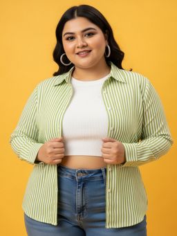Buynewtrend - Women Green Striped Cotton Oversized Plus Size Button-Down Shirt